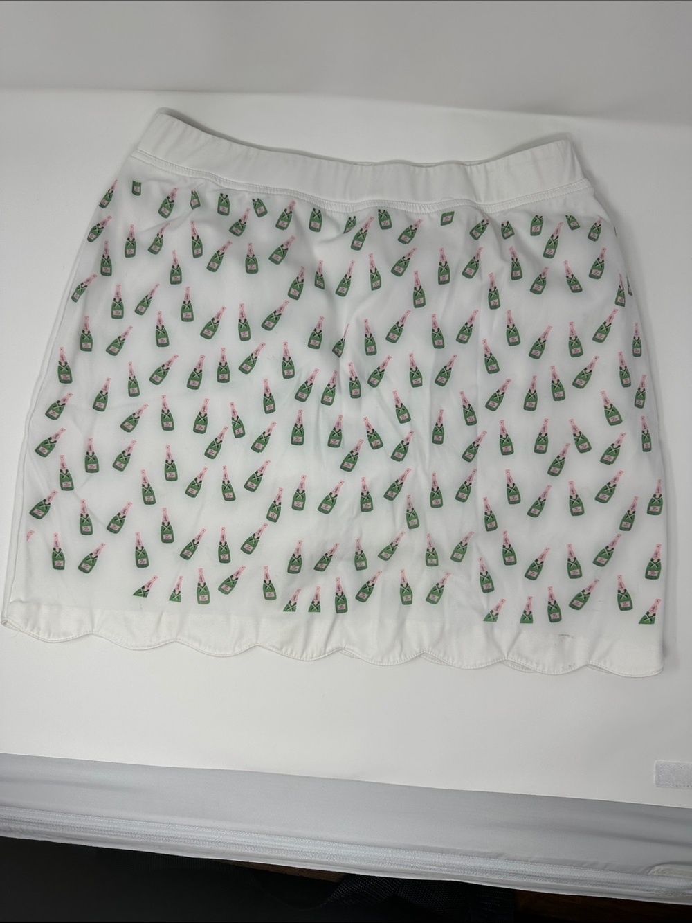 Toss Designs White Mini Skirt with Green Bottle Print and Scalloped Hem